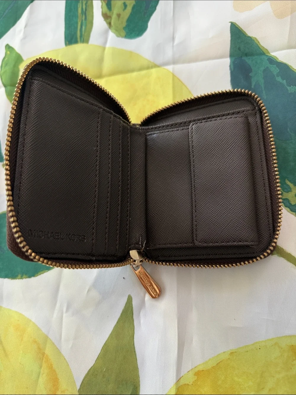 Michael Kors Dark Brown Coated Canvas Zip Card Holder with Gold Plate